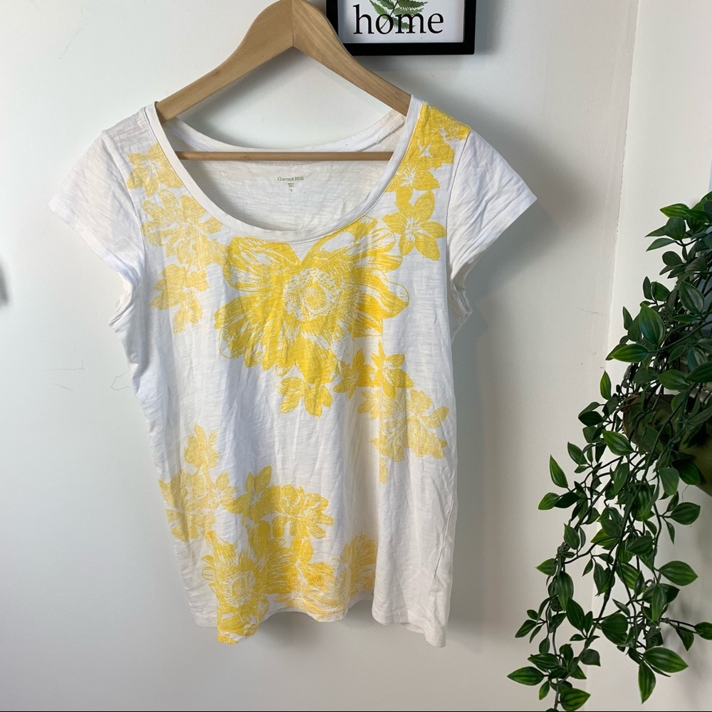 Garnet Hill White Yellow Flower Print Tee Shirt S